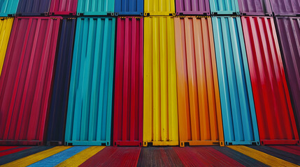 Vibrant multicolored shipping containers neatly arranged in a warehouse, symbolizing modern transportation and efficiency