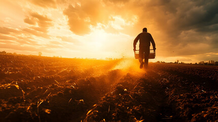 Vibrant photo of a farmer tilling a field under the blazing sun with dirt flying and determination visible.illustration