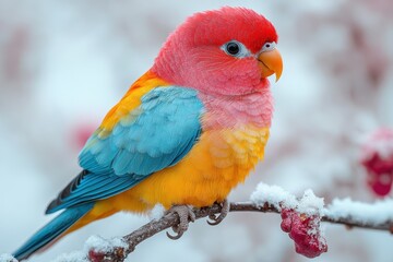 Obraz premium A vibrant parrot perched on a snowy branch, showcasing colorful plumage.