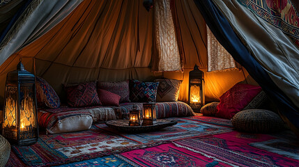 Vibrant scene of a traditional desert tent setup in Abu Dhabi with carpets, lanterns, and cushions creating a cozy atmosphere.illustration