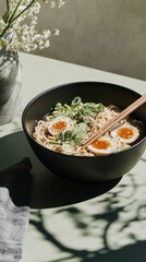 Delicious ramen bowl topped with soft-boiled eggs and fresh greens served on a green table