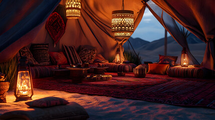 Vibrant shot of a Bedouin tent setup in the desert with traditional carpets, lanterns, and cushions creating a cozy atmosphere
