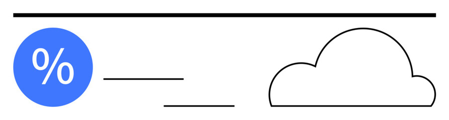 Cloud outline and blue circle with percentage symbol surrounded by horizontal lines. Ideal for data analysis, cloud computing, digital storage, business analytics, weather forecasting, internet