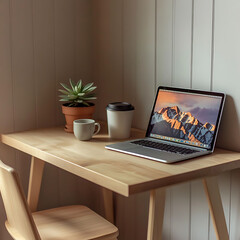 Serene workspace featuring a laptop displaying a scenic mountain backdrop, a coffee cup, a succulent plant, and a minimalist wooden desk and chair.