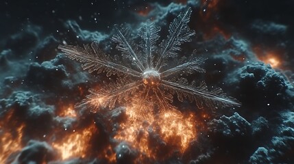 Intricate snowflake amidst fiery, smoky clouds.