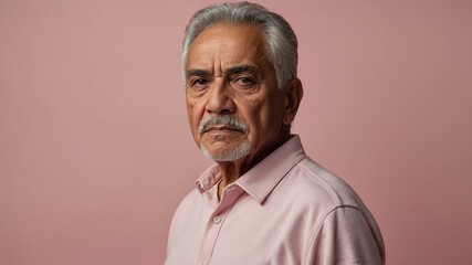 elderly hispanic male in casual wear on pastel color background model portrait looking serious for...