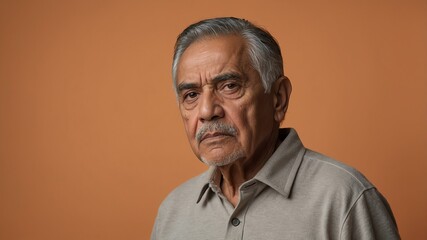 elderly hispanic male in casual wear on pastel color background model portrait looking serious for ad concept space for text
