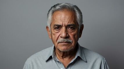 Fototapeta premium elderly hispanic male in casual wear on pastel color background model portrait looking serious for ad concept space for text