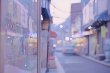 Urban landscape at nighttime, city street with blurred lights and vehicles