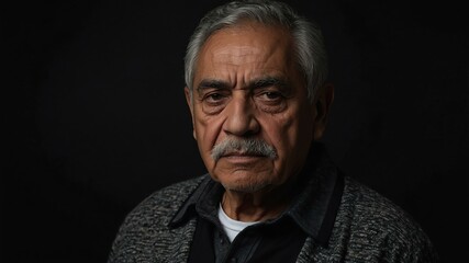 Obraz premium elderly hispanic male in casual wear on black background model portrait looking serious for ad concept space for text