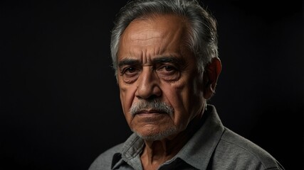 Obraz premium elderly hispanic male in casual wear on black background model portrait looking serious for ad concept space for text