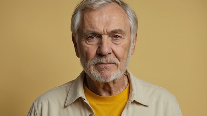 elderly caucasian male in casual wear on pastel color background model portrait looking serious for...