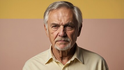 elderly caucasian male in casual wear on pastel color background model portrait looking serious for...