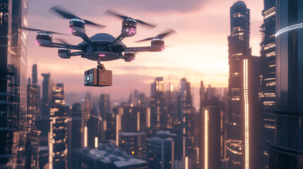 A drone delivering a package to a high-rise