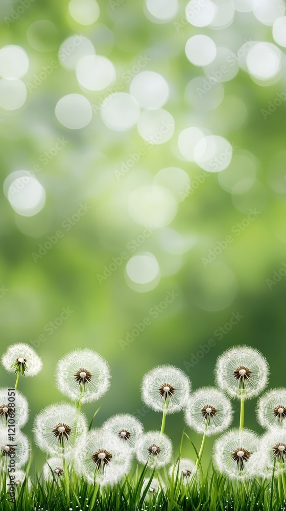 Poster dandelion puffballs sway gently in the breeze with a soft green background illuminated by sunlight d
