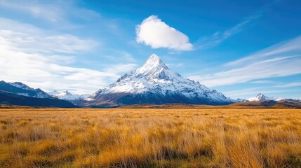 Majestic snow-capped peak, autumnal grassland, clear sky, mountain range backdrop, travel poster