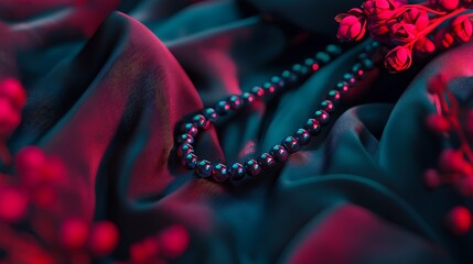 Pearl necklace on silk fabric with flowers, dark mood lighting, jewelry advertisement