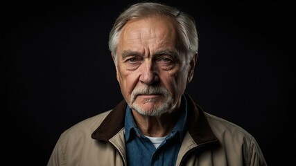 Obraz premium elderly caucasian male in casual wear on black background model portrait looking serious for ad concept space for text