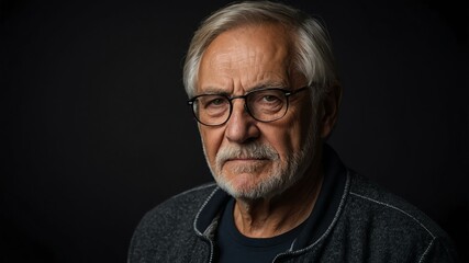 Obraz premium elderly caucasian male in casual wear on black background model portrait looking serious for ad concept space for text