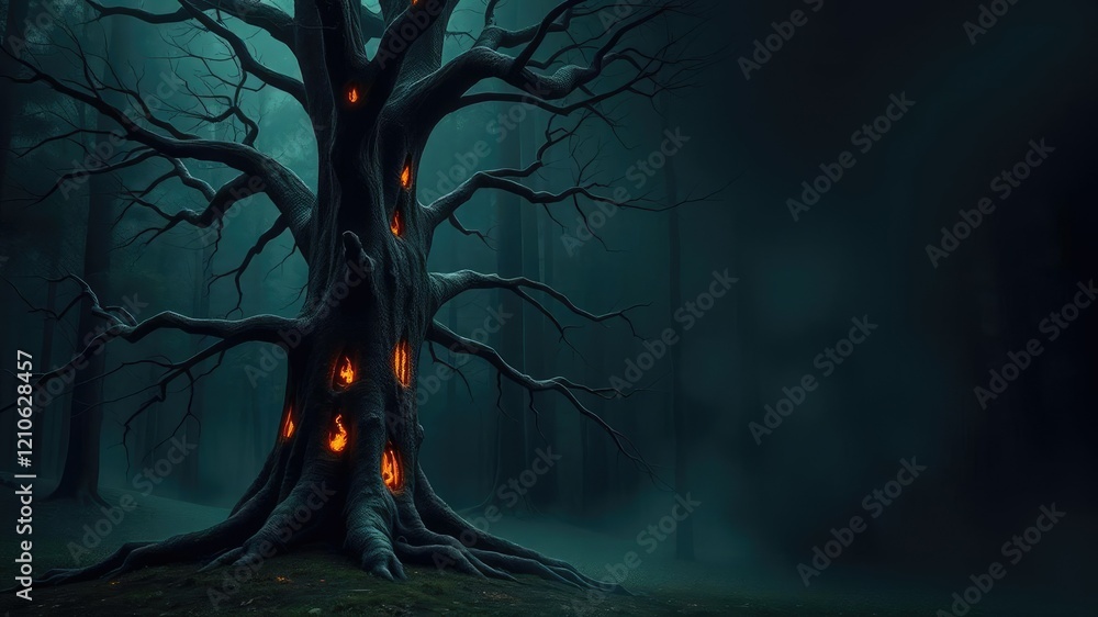 Aufkleber an ancient tree with glowing markings on its trunk stands sentinel amidst a dark and mysterious fore