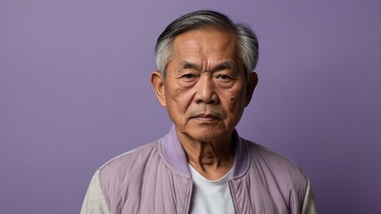 Obraz premium elderly asian male in casual wear on pastel color background model portrait looking serious for ad concept space for text