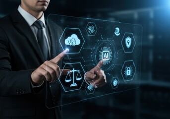 A businessman interacting with a futuristic holographic interface in a high-tech environment.