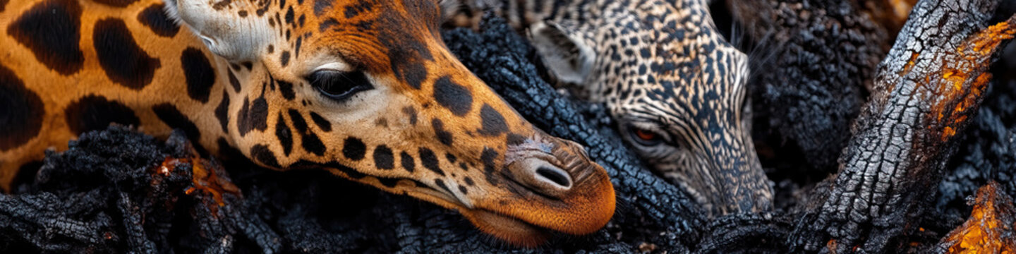 Giraffe and Leopard Among Charred Branches