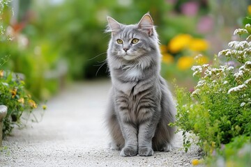 A gray cat sits on a path in a lush garden, surrounded by greenery and flowers