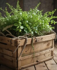 A sprig of fresh green birch branches tied together with twine in a rustic wooden basket, spring branches, natural elements, seasonal decoration