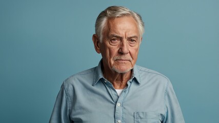 Obraz premium elderly american male in casual wear on pastel color background model portrait looking serious for ad concept space for text