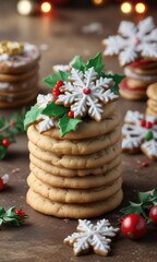 Fototapeta premium A stack of Christmas cookies with snowflakes and holly sprigs , xmas baking, snowflakes, snowy treats