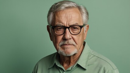 elderly american male in casual wear on pastel color background model portrait looking serious for ad concept space for text
