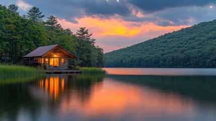 Obraz premium Lakeside cabin at sunset reflecting in calm water