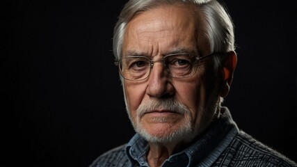 Obraz premium elderly american male in casual wear on black background model portrait looking serious for ad concept space for text