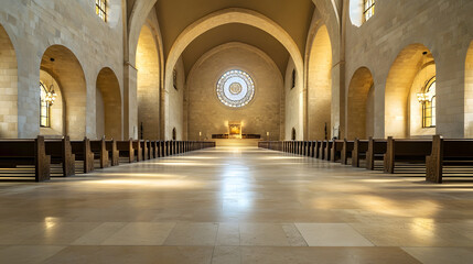 Fototapeta premium Magnificent Cathedral Interior With Grand Archways and Stained Glass Windows : Generative AI