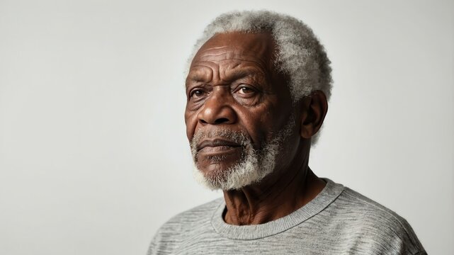elderly african male in casual wear on white background model portrait looking serious for ad concept space for text