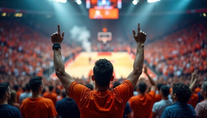 Enthusiastic fan celebrates basketball victory in stadium. Audience wearing orange clothing. Man raises hands in excitement. Packed arena filled with cheering supporters. Energetic atmosphere.