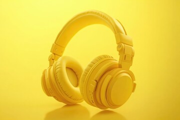 Naklejka premium Vibrant Yellow Headphones Set Against a Monochromatic Yellow Backdrop: A Chill Out Audio Experience