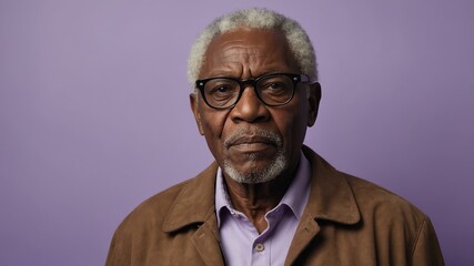 Fototapeta premium elderly african male in casual wear on pastel color background model portrait looking serious for ad concept space for text
