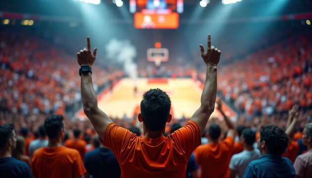 Enthusiastic fan celebrates basketball victory in stadium. Audience wearing orange clothing. Man raises hands in excitement. Packed arena filled with cheering supporters. Energetic atmosphere.