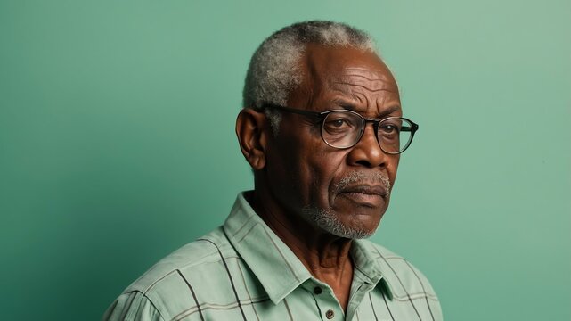 elderly african male in casual wear on pastel color background model portrait looking serious for ad concept space for text