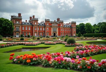 Obraz premium Large red brick palace stands in beautiful gardens. Flowerbeds filled with vibrant colorful flowers. Landscaped green plants surrounds building. Formal gardens display well-maintained lawns, paths.
