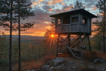 Wooden hunting tower overlooking autumn forest at sunset