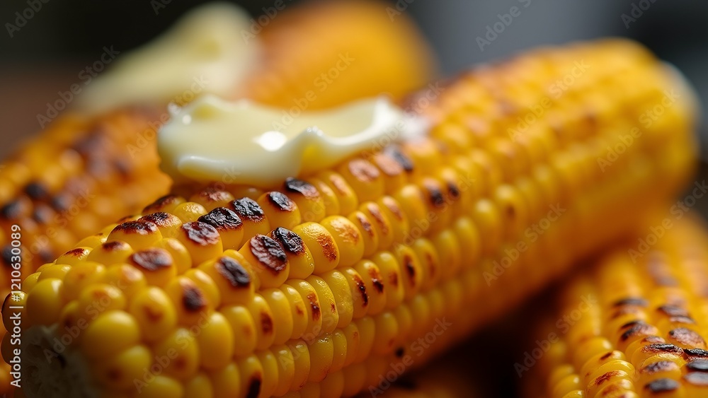 Poster the image shows a close-up of a corn on the cob. the corn is yellow and orange in color, with small 