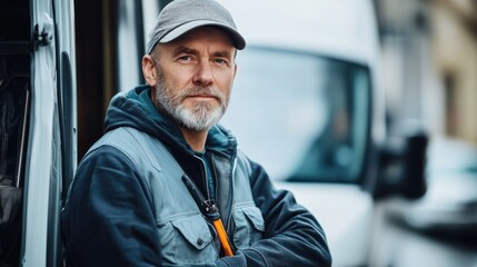 Middle-Aged Tradesman Posing Proudly by His Van in an Outdoor Setting
