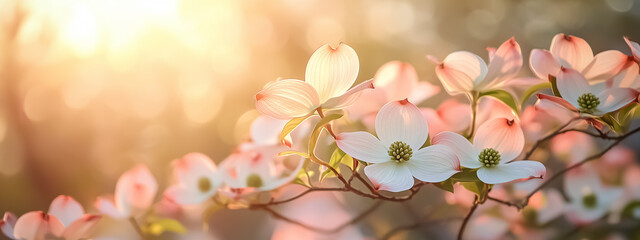 Fresh spring landscape featuring dogwood trees in bloom, with soft white and pink flowers glowing under morning sunlight