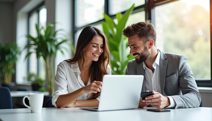 Female and Male Colleagues Collaborating on a Laptop in a Modern Office Setting