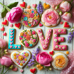 Fototapeta premium Floral Love Cookies on white wooden background