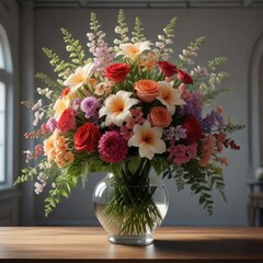 Naklejka premium A stunning floral arrangement in a large glass vase, , floral arrangement, beautiful flowers