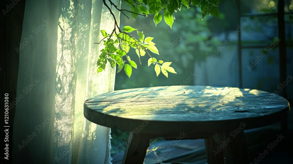 Poster an intimate shot of a pristine white round table situated by a window featuring sheer curtains along